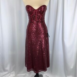 NWT Lulus Boost Your Beauty Red Wine Strapless Bustier Sequin Midi Dress Sz XS